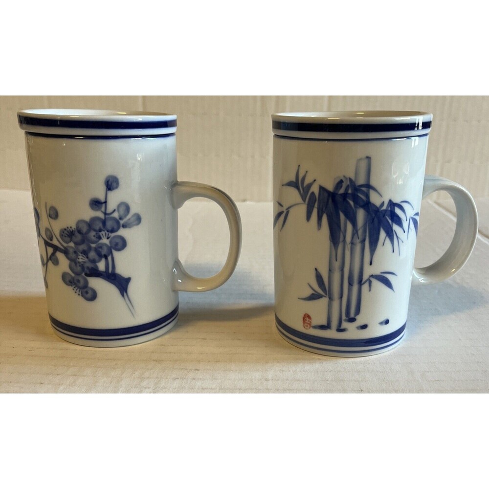 World Market Asian Inspired Tea Cups Infusers Set/2 Blue White Floral No Lids